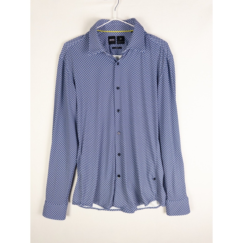 Hugo Boss Performance Mens M Blue Geo Print Slim Fit Long Sleeve Button Shirt